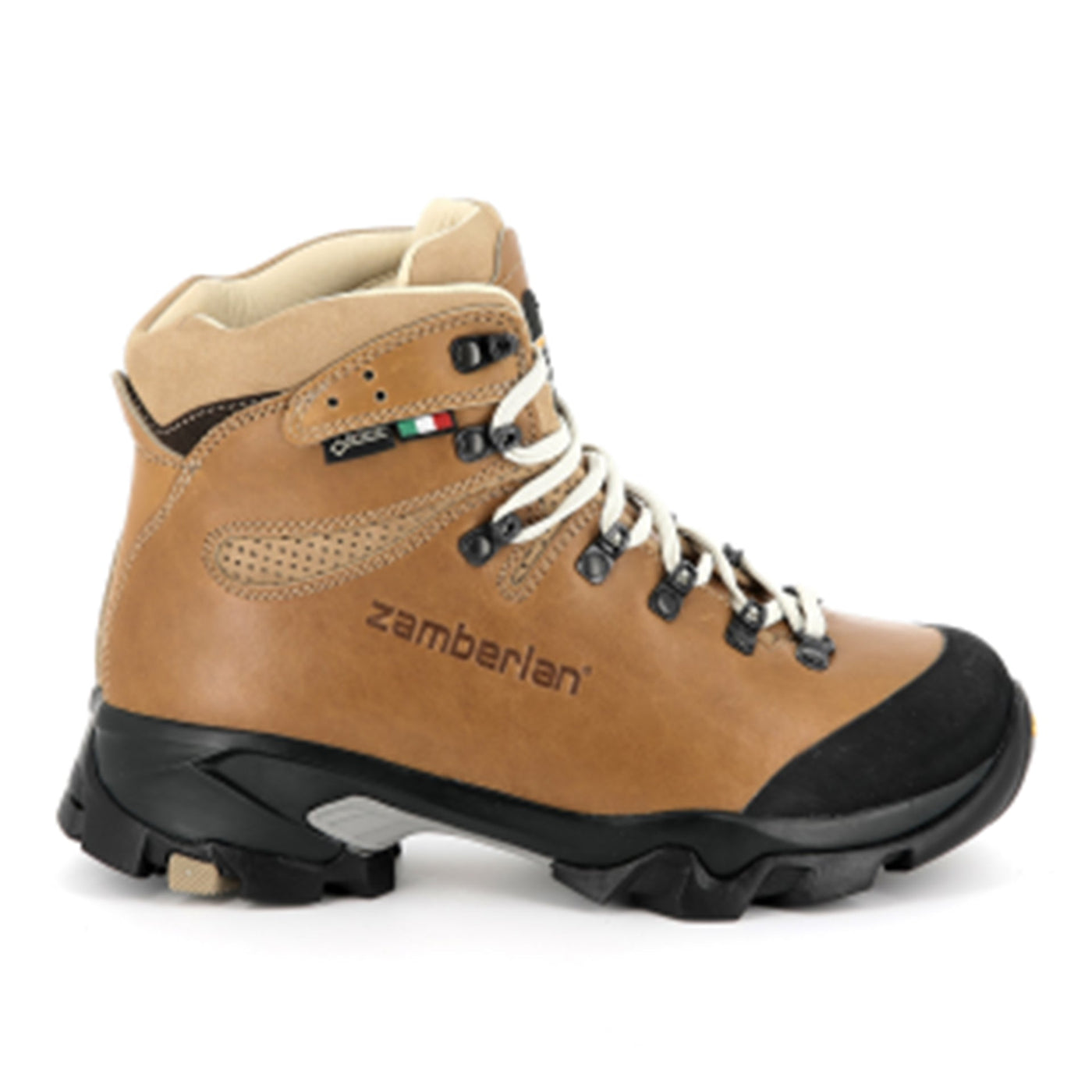 A women's hiking boot with a waxed camel upper, black sole, and various hardware details.