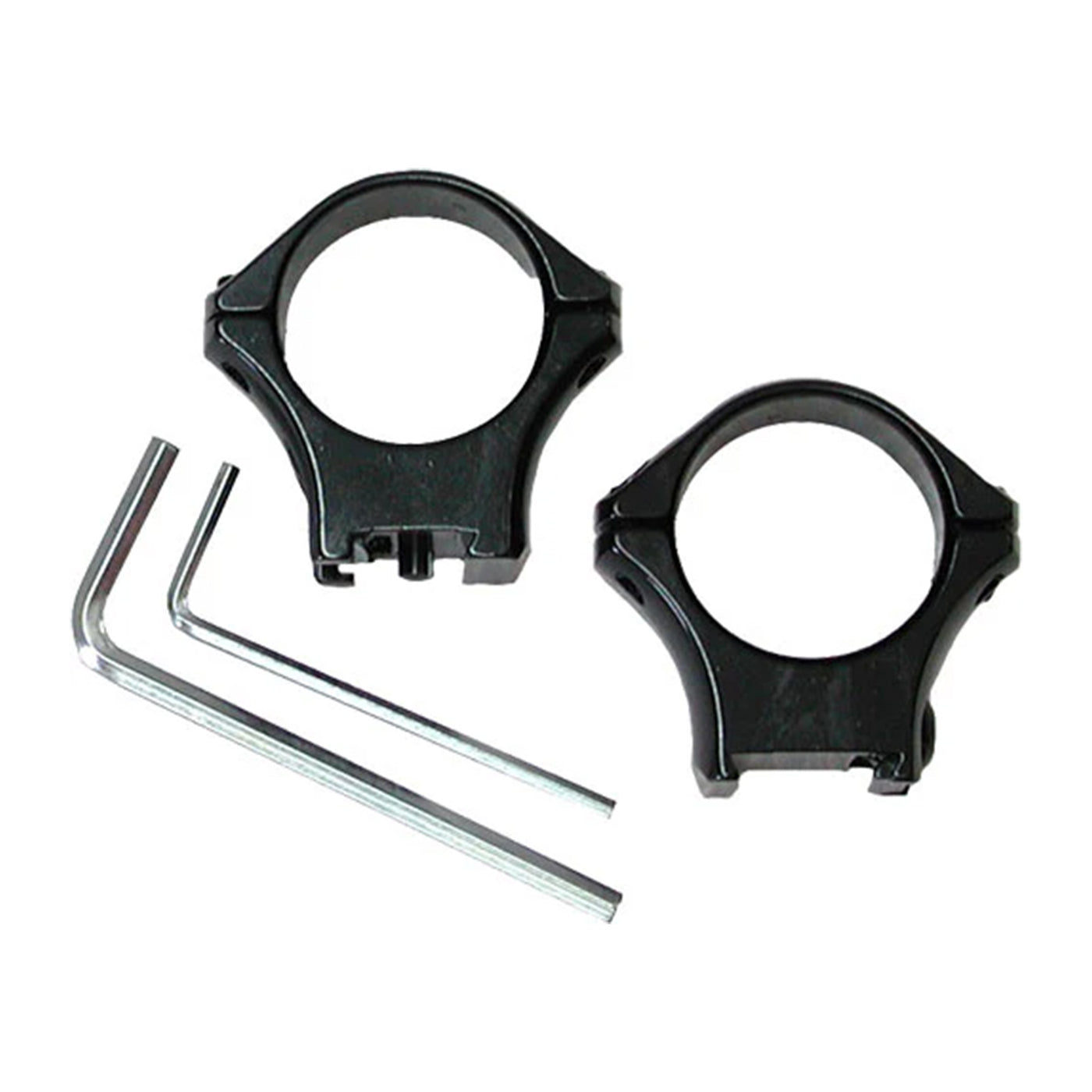 Two black metal ring mounts with a tool on a white background