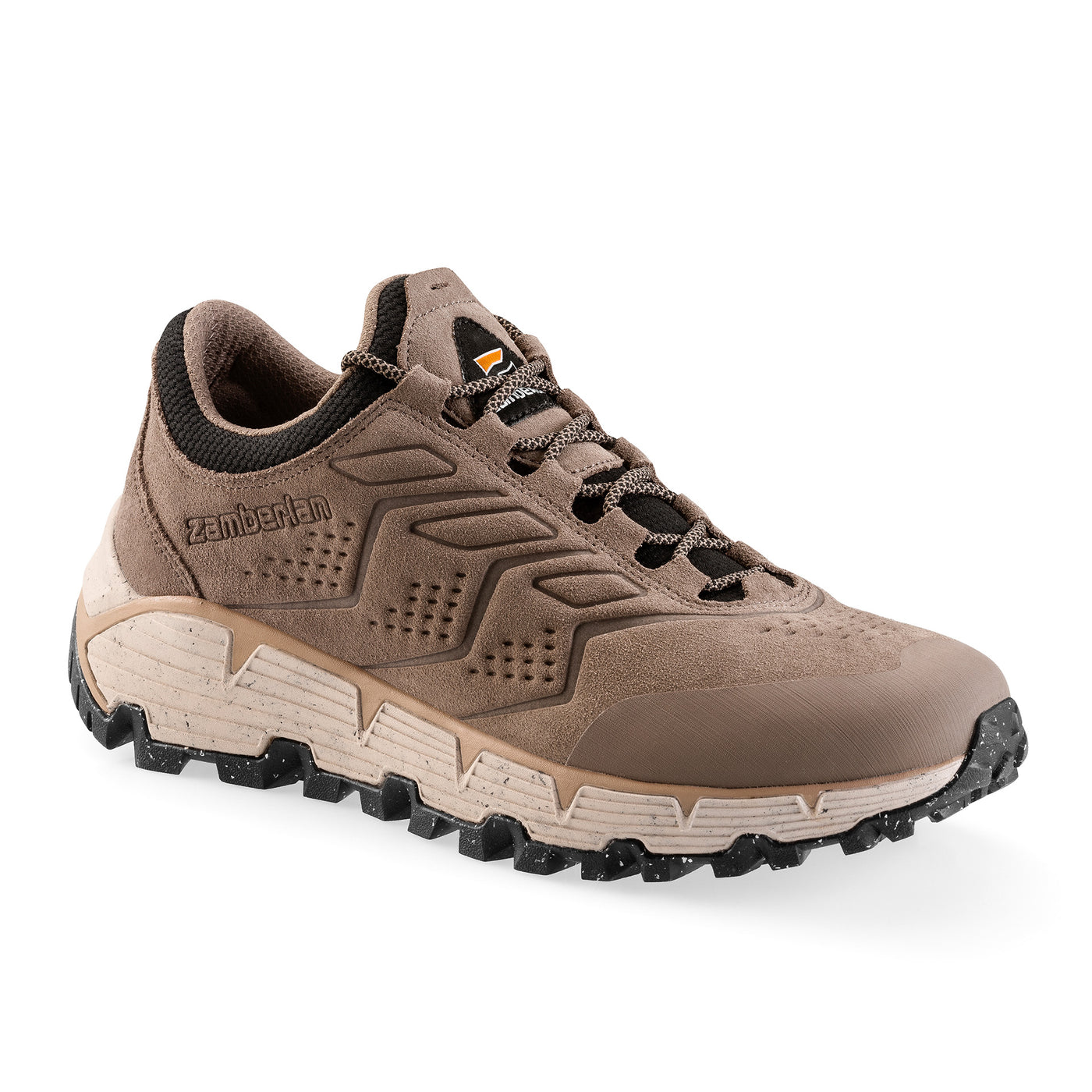 Brown hiking shoe with black sole on a white background