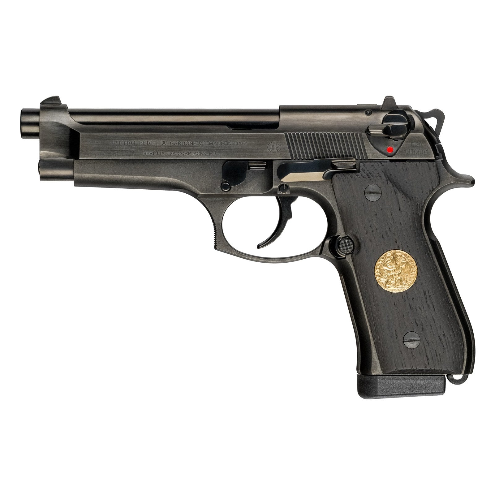 Left-profile product view of the Beretta 92FS Ducato with dark oak grips and golden coin insert.