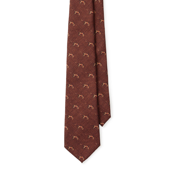 Printed Herringbone with Pheasant Wool Tie - Brown