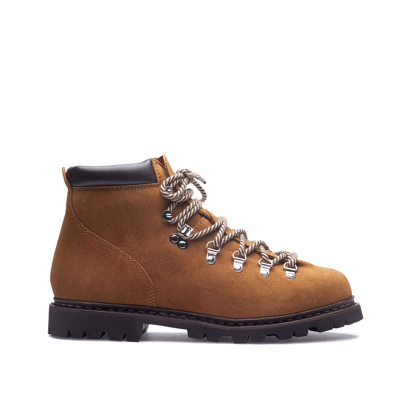 A brown suede men's hiking boot with a rounded toe, traditional fit, and metal lace eyelets.