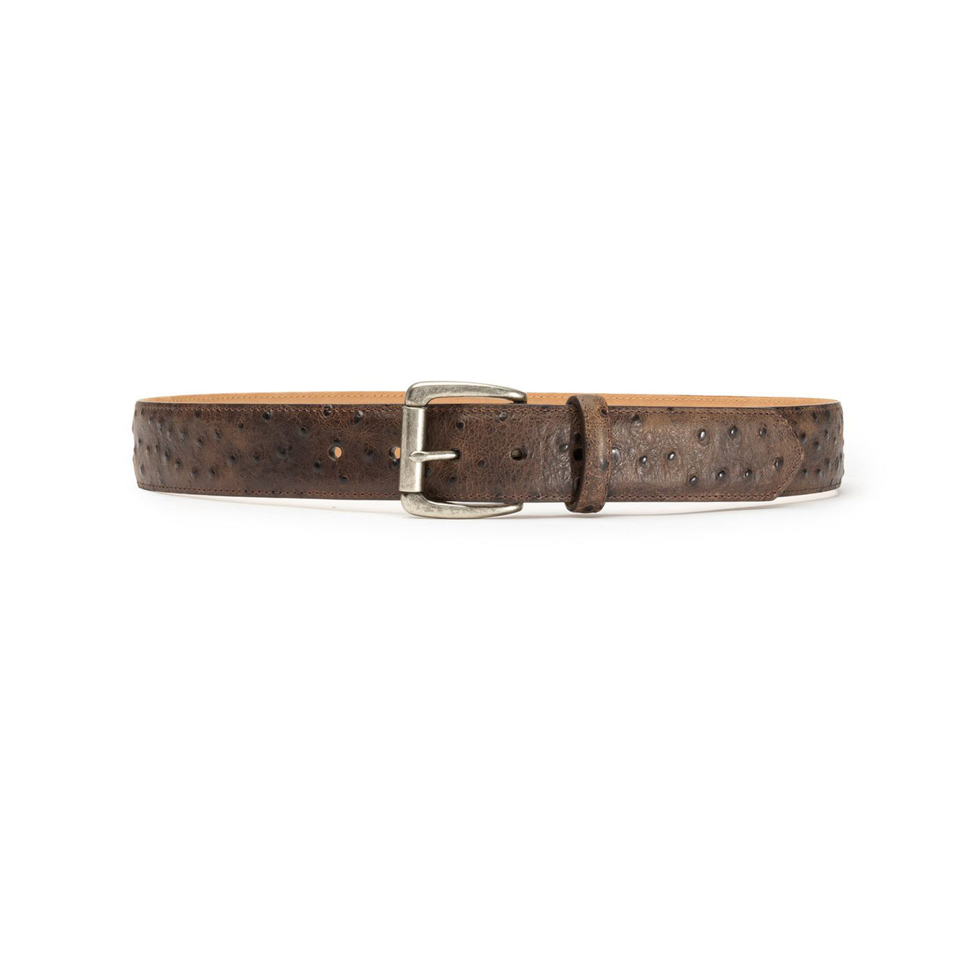 Brown leather belt with a silver buckle on a white background