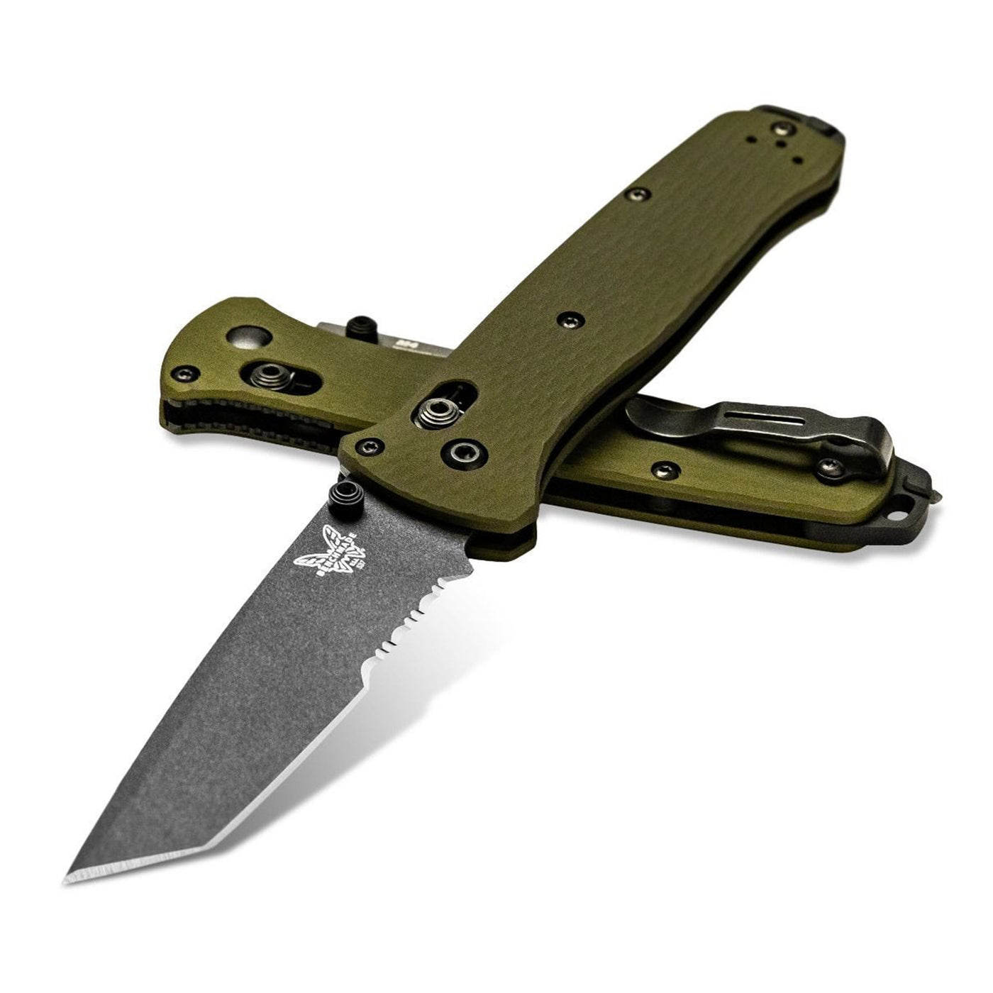 A folding knife with a green handle and a partially serrated blade, accompanied by a clip and a pocket clip.