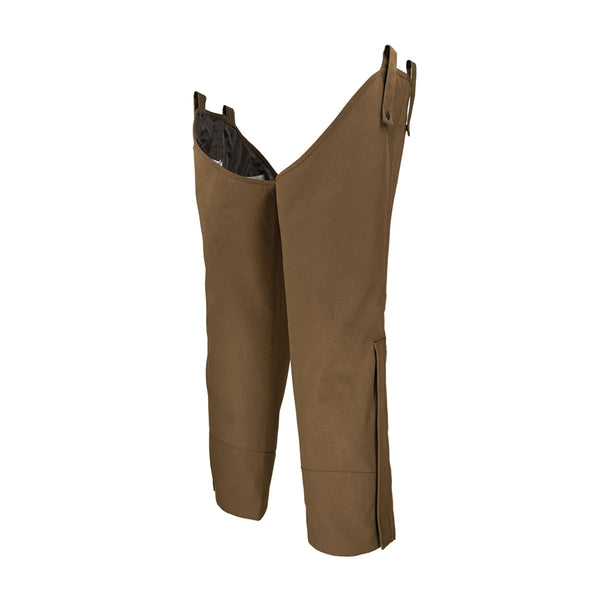 A pair of brown waxed chaps for upland pheasant hunting, featuring reinforced knees and metal snaps.