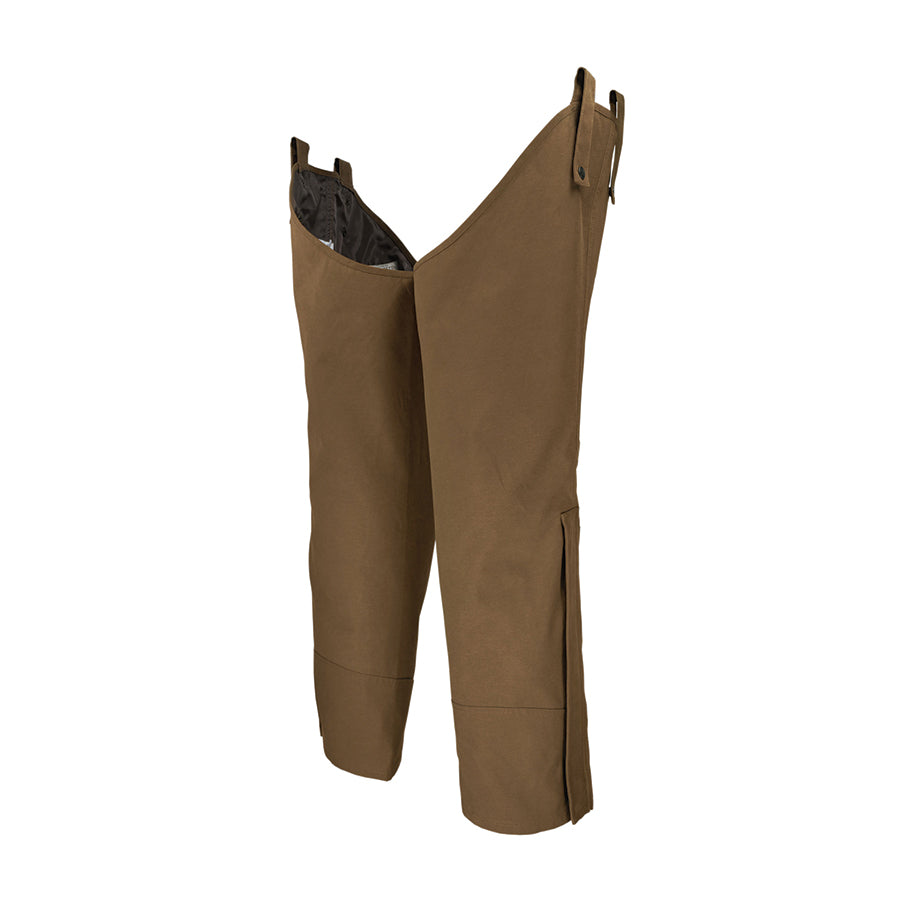A pair of brown waxed chaps for upland pheasant hunting, featuring reinforced knees and metal snaps.