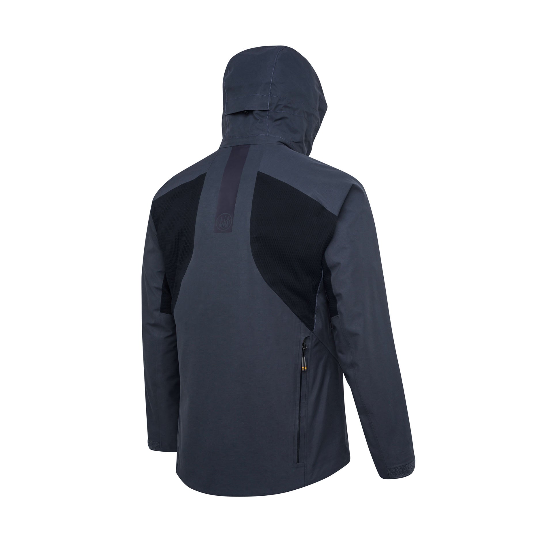 A navy Dall 3L GTX jacket with a pre-formed fixed hood, YKK zipper closures, side pockets, and an internal pocket, designed for adverse weather conditions.