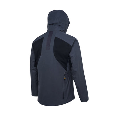 A navy Dall 3L GTX jacket with a pre-formed fixed hood, YKK zipper closures, side pockets, and an internal pocket, designed for adverse weather conditions.