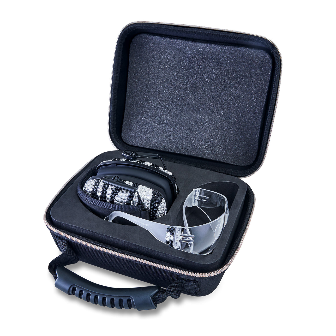 A set of earmuffs with Czech crystals and safety glasses, displayed in an open hard-shell case.