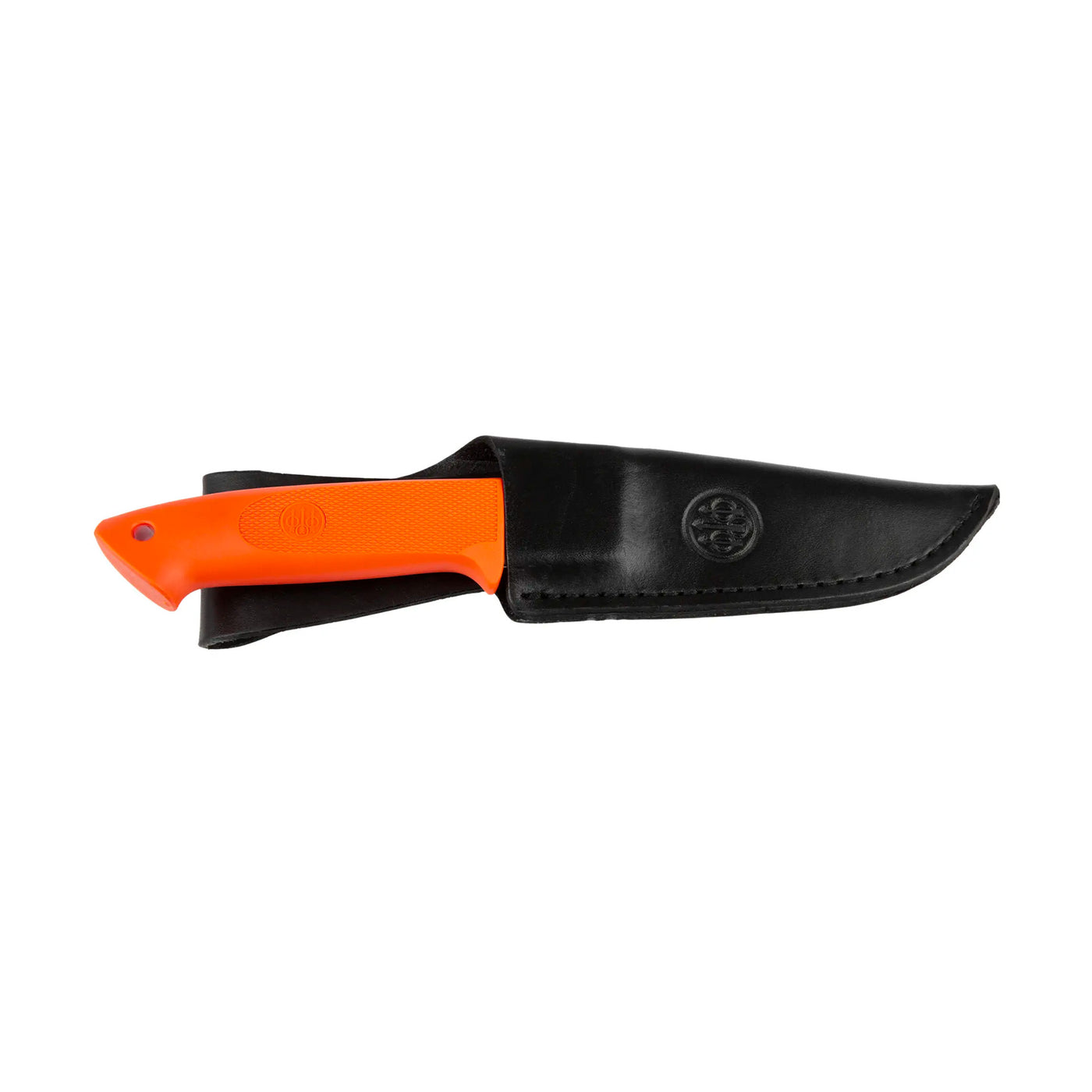 A Beretta Loveless Zytel fixed-blade hunting knife with an orange and black handle and a black leather sheath.