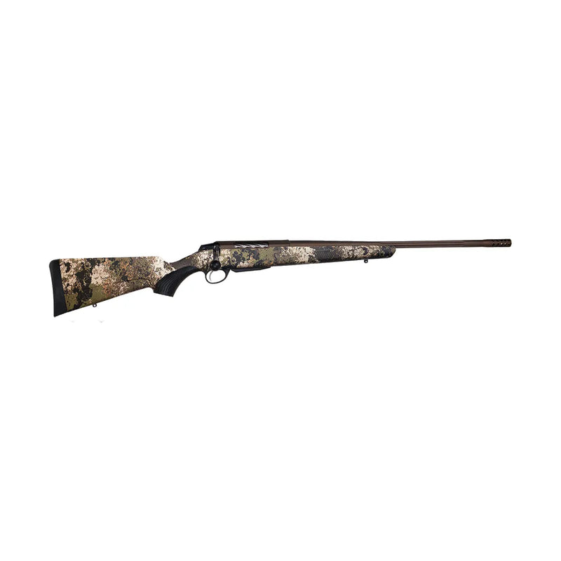 A camouflaged bolt-action rifle with a fluted barrel and an oversized bolt handle, designed for hunting.